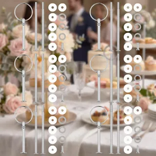 FRTAOOP 6er-Set Etagere Stange für Tortenständer | Dieses Set für den Aufbau von 2-3-stöckigen Etageren die perfekt für Feste Hochzeiten und Geburtstage sind - Silber