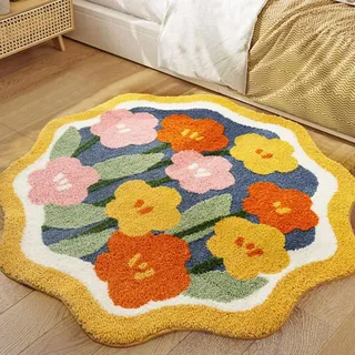 Aldopein Schöner runder Badezimmerteppich mit Blumenmuster, rutschfest, waschbar, Boho-Stil, bunte Blumen, 1,8 m, rund, für Küche, Schlafzimmer, Eingang, Ästhetik, Modern