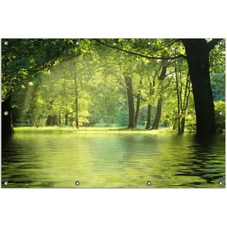 Wallario Outdoor-Poster für Garten oder Balkon, Motiv Idyllischer See im Wald bei Sonnenschein, in ca. 100 x 150 cm - Grün