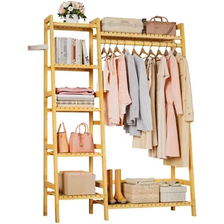Yorbay Garderobenständer Bambus Offener Kleiderständer: Kleideraufbewahrung mit Kleiderstange Ablagen Freistehende Kleiderschrank - Garderobe Stabil Kleiderablage für Flur Schlafzimmer
