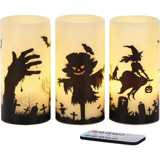 Eldnacele Halloween led kerzen flackern mit Fernbedienung, Batteriebetrieben Echtwachs Stumpenkerzen 3er Set für Horror Gruselige Halloween Heimdekoration Geschenk