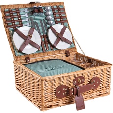 eGenuss Handgefertigtes Picknickkorb für 4 Personen mit Kühlfach, Edelstahlbesteck, Kühlfach, Weingläser und Porzellanteller | GRÜN
