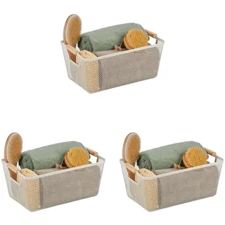 Relaxdays Drahtkorb mit Holzgriffen, eckig, Aufbewahrungskorb Metall, HBT 16,5 x 37 x 22,5 cm, Korb Küche, Bad, Farbwahl (Packung mit 3)