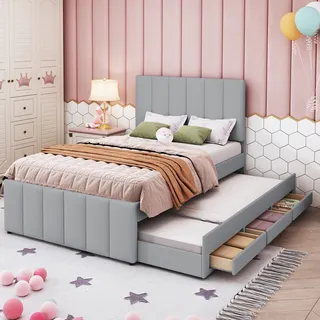 Flieks Polsterbett mit Unterbett, Einzelbett Jugendbett mit Lattenrost und Schubladen, Kinderbett Holzbett Gästebett Tagesbett 90x200/90x190cm, Leinen - Grau