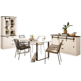 Furn.Design Esszimmer-Set weiß Pinie, anthrazit, Speisezimmer 3-teilig mit Esstisch, Vitrine, Sideboard , Weiß, Anthrazit , Metall , Nachbildung,Pinie , 10 Fächer , 6 Schubladen , Kufe , 275x201x80 cm , FSC 100% , Esszimmer