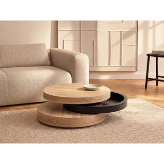 Couchtisch rund - drehbar - 1 Ablagefach - MDF - Schwarz & Holzfarben hell - JANITA