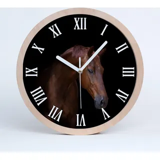 Holzuhr 30fi cm wanduhr - weiße Spitzen - braunes Pferd - Braun