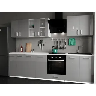 Roe Furniture | Küchenzeile - 280 cm - Grau (Hochglanz) - Einbauküche, Küchenblock, Singleküche, Singleküchenblock, Küchen - Tischplatte Weiß - Grau, Weiß