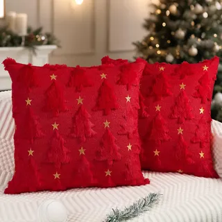 Miaikoe Weihnachtskissenbezüge 50x50 cm 2er Set Rot Weihnachtsbaum Stern Kissenbezüge weiche Plüsch Fälschungsfell für Feiertage Winter Zuhause Coach Sofa Dekoration