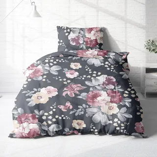 Träumschön Biber Bettwäsche Set 2tlg 135x200 cm + 80x80 cm – Flauschige Rosen Bettwäsche Grau – Weiche Winterbettwäsche mit Blumen - Atmungsaktiv, Warm & Hautfreundlich - 100% Baumwolle