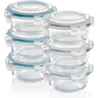 Grizzly Glas Frischhaltedosen, Set 6X 400 ml, luftdicht, rund, Click-Verschluss, vielseitige Vorratsdosen für Ofen, Mikrowelle, Gefrierfach