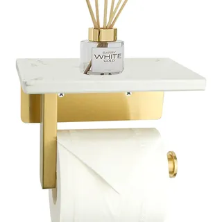 Toilettenpapierhalter Mit Ablage,Klopapierhalter Gold Marmor Weiß Regal Aus Toilettenpapierhalter Edelstahl Gebürstet Wandmontage Für Küche Und Badezimmer (Gold)