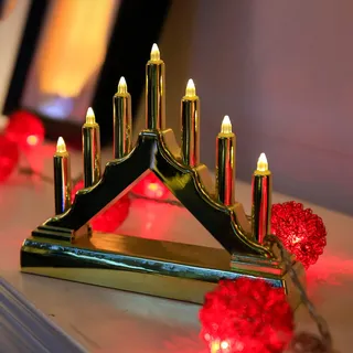 Hellum, LED-Kerzenleuchter, Schwibbogen, Kunststoff, Gold, 7 warm-weiße LEDs, 16x13 cm, Indoor, batteriebetrieben (2AA), Weihnachts-Dekoration, 520965