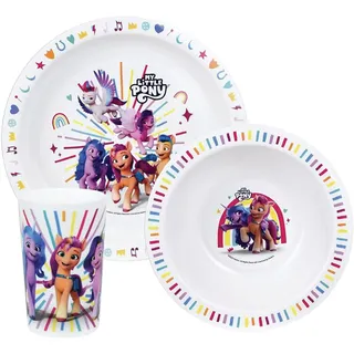 FUN HOUSE My Little Pony Mahlzeiten-Set Pip Izzy Sunny und Zip, mit einem flachen Teller Ø 22 cm, einem tiefen Teller Ø 16 cm und einem Glas 220 ml für Kinder