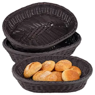 SINJEUN 3 Stück Brotkorb geflochten, 35x25x7cm Ovaler Weidenkorb Poly Dunkelbraun, Aufbewahrungskorb für Lebensmittel, Obst und Küche