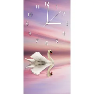 Wallario Design Wanduhr Weißer Schwan im rosafarbenen See aus Echtglas, Größe 30 x 60 cm - Rosa