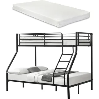 neu.haus  Metall-Etagenbett - Schwarz - Mit Matratzen 200x140/90cm 1xAABH-720B / 1xHKSM-90 / 1xHKSM-140 Kinderbett Stockbett Hochbett Metall Bettgestell - Schwarz