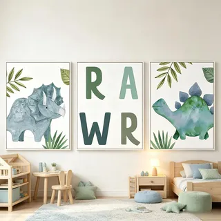 JANAGIN 3er Set Leinwand Poster, Cartoon Tiere Dinosaurier Wandbilder Bilder, Wanddekoration für Wohnzimmer, Schlafzimmer, Kinderzimmer, Flur (Muster 2,40x50 cm)