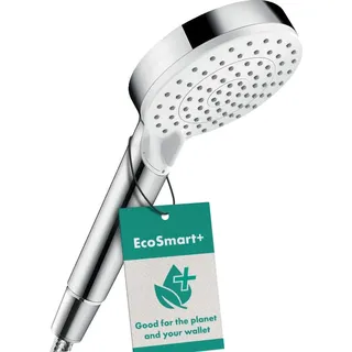 Hansgrohe Crometta Vario EcoSmart Handbrause mit 2 Strahlarten, runde Duschbrause (100 mm), Sparduschkopf mit Antikalk-Funktion, Weiß/Chrom, 26336400