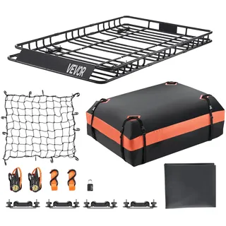 Vevor Dachgepäckträgerkorb Autodachkorb (1625 x 990 x 105 mm) universeller Dachgepäckträger mit Gepäcktasche & Netz & Ratschengurten (113,4 kg Max Tragkraft), Autodach-Gepäckträger für SUV LKW