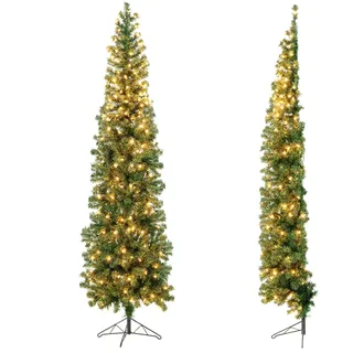 GYMAX 210 cm Künstlicher Halber Weihnachtsbaum, Tannenbaum mit 450 Spitzen, Kunstbaum Christbaum mit 150 LED-Leuchten, Material PVC