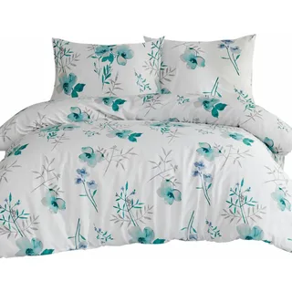 Bettwäsche, dicker, warmer Flanell, 100% Baumwolle 200x220cm 31504-1 Blaue Blumen - Blau