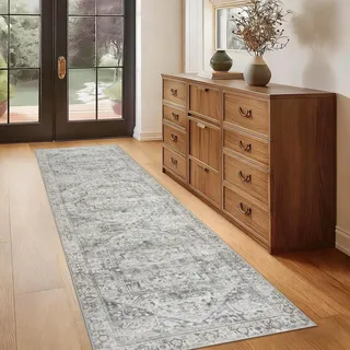 Homcomodar Teppichläufer Korridor 65x240 Vintage Läufer Küchenteppich Waschbar Teppich Korridor rutschfest Kurzboden Teppichläufer für Küche Eingang Schlafzimmer (Beige Grau, 65 x 240 cm (Rechteckig))