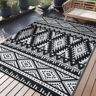 Homaxy Outdoor Teppich Wetterfest, Kunststoff Stroh Faltbar Waschbar UV-beständig Wendbar Balkon Garten Teppich für Terrasse Camping Picknick (180 x 270 cm, Schwarz & Weiß)