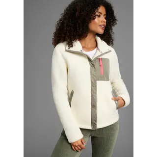 Fleecejacke KANGAROOS, Damen, Gr. 44, grün (beige khaki), Fleece, Obermaterial: 100% Polyester. Ärmelfutter: 100% Polyester, kontrastfarbene Details, unifarben mit Farbeinsatz, relaxed fit hüftlang, Jacken Fleecejacke, Übergangsjacke kurze Fleecejacke Teddy-Fleece Druckknöpfen