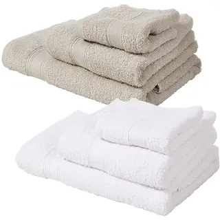 SET MIT 6 BADETÜCHERN: Weiß und Taupe: Badetücher 30X50; Spüle 50X90; Dusche 70X140 cm; 450 g/m2, 100 % Baumwolle