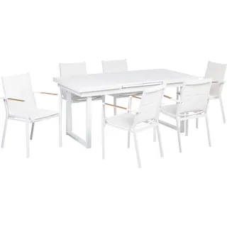 BELIANI Gartenmöbel Set 7-teilig Weiß Aluminium Ausziehtisch 180 / 240 x 90 cm Latten-Tischplatte Rechteckig mit 6 Stühlen Bespannung Weiß Stapelbar - Weiß, Braun