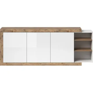 Sideboard Samdal Eiche Nb. SYLT-83, mit Absetzungen in weiß Hochglanz, B/H/T: ca. 220/85,7/40 cm - Braun