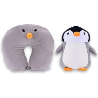 Sbabam Travel Pets, 2 in 1 Kinder-Reisekissen in Form eines Plüschtiers, Plüsch-Maxi-Version umwandelbar in ein Nackenkissen zum Schlafen, Pinguin-Plüschtier, das als Flugzeug- und Autokissen