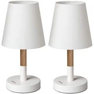 tomons 2er Set LED Nachttischlampe aus Holz, LED Tischlampe Tischleuchte mit Stoffschirm für Schlafzimmer, Wohnzimmer, Arbeitszimmer, Beistelltisch – Weiß
