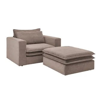 Furn.Design Loveseat Set braun Cord, Couch Loungesessel inklusive Hocker , Braun , Kunststoff , Nachbildung , 176x83x125 cm , Wohnzimmer, Sessel, Polstersessel