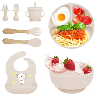 Bizcasa 8 Stück Silikon Baby Geschirrset, Rutschfest Kindergeschirr Set, Kindergeschirr mit Saugnapf, Rutschfest Baby Schüssel,Baby-Teller, Baby-Besteckset für Kleinkinder, BPA Frei (Beige)