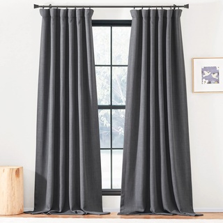 PONY DANCE Blickdichte Gardinen Leinenoptik Kräuselband Thermo Vorhänge gegen Kälte 2er Set H 160 x B 140 cm Verdunklungsvorhänge Kurz Leinenoptik Vorhänge Schlafzimmer Blackout Curtains, Anthrazit