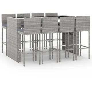 vidaXL 9-tlg. Gartenbar-Set mit Kissen Grau Poly Rattan - Grau