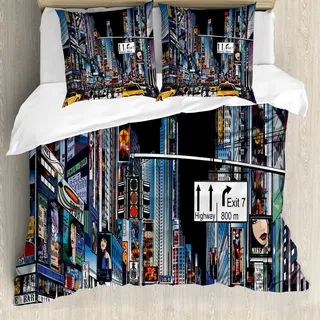 ABAKUHAUS Stadt Bettbezug, Nachtszene in New York, Milbensicher Allergiker geeignet mit Kissenbezügen, 200 cm x 200 cm - 80 x 80 cm, Mehrfarbig