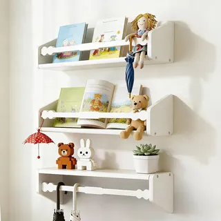 comfoyar Bücherregal Kinder Wand 3er Set, Holz Wandregal Kinderzimmer für Zeitschrift Bücher Lagerung, Schweberegal Holz und Bücherregal Hängend für Küche Schlafzimmer Wohnzimmer, Weiß