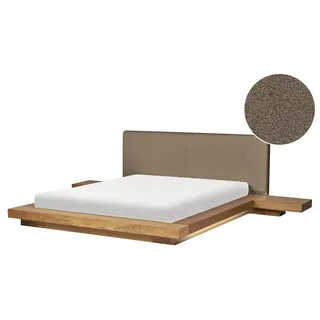 BELIANI LED-Bett Taupe / Naturfarbene Esche Bouclé u. MDF mit Lattenrost 160x200 cm 2 Nachttische Hohes Kopfteil Japanisches Plattform-Bett Futonbett - Braun, Beige