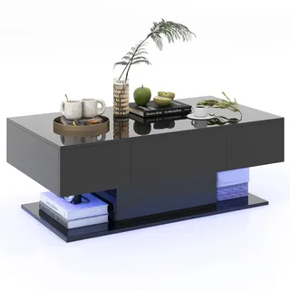 COSTWAY Couchtisch mit LED Beleuchtung Helligkeit einstellbar, Wohnzimmertisch mit 2 Schubladen, Kaffeetisch inkl. Fernbedienung, 110x60x40cm Schwarz - Schwarz