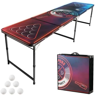 VEVOR Klappbarer Bierpong-Tisch 2,4 x 0,6 x 0,7 m mit LED-Beleuchtung, Höhenverstellbarer Beer-Pong-Tisch Tragbar mit Tragegriffen & 6 Tischtennisbällen, Ideal für Büro, Grillpartys, Reisen & Camping