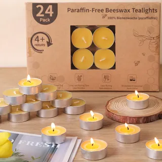 LETINE 24 Pack Bienenwachs Teelichter Kerzen - Reines Bienenwachs Teelicht, Naturbelassene Bio Teelichter ohne Duft - Rauchfrei & Sauber Brennend mit über 4 Stunden Brenndauer