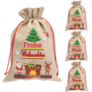 Idena 90493 - Jutesäcke ca. 22 x 32 cm, 4 Stück, Stoffbeutel mit Weihnachtsmann-Motiv, Rentier und Aufschrift Frohe Weihnachten, Weihnachtssack mit roter Kordel