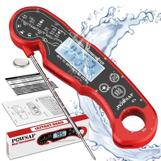 POWSAF Fleischthermometer, digitales Grillthermometer, ultraschnelles Grillthermometer mit Sofortablesung, IPX6 wasserdicht mit einklappbarer langer Sonde und LCD-Bildschirm für Küche, Grill, rot