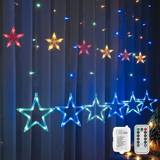 BLOOMWIN Weihnachtsdeko Fenster Beleuchtet - 2M 138 LED Stern Weihnachtsbeleuchtung Fenster Lichtervorhang Innen, Lichterkette Weihnachten Deko für Fensterdeko Zimmer, Bunt Batterie