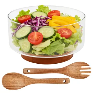 Ziyonix 4200ML Große Salatschüssel aus Glas Set mit Akazienholz-Boden, Multifunktionale Glasschalen mit Holzservierbesteck Vielseitige Servierschale für Salate Obst Hauptgerichte