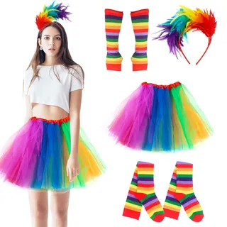 JWTRSVTY 4PCS Regenbogen Damen Kostüm, Karneval Regenbogen Kostüm Damen, mit Regenbogen Tüllrock, Bunte Feder Stirnband, Regenbogen Kniestrümpfe, Fingerlose Handschuhe, für Fasching Cosplay Mottoparty