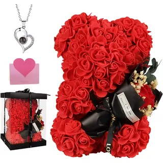 POHOMEGK Rosenbär Muttertagsgeschenke für Mama,Rosenblumenbär Rosen Teddybär Geschenk für Muttertag, Valentinstag, Jubiläum mit Geschenkbox und Halskette